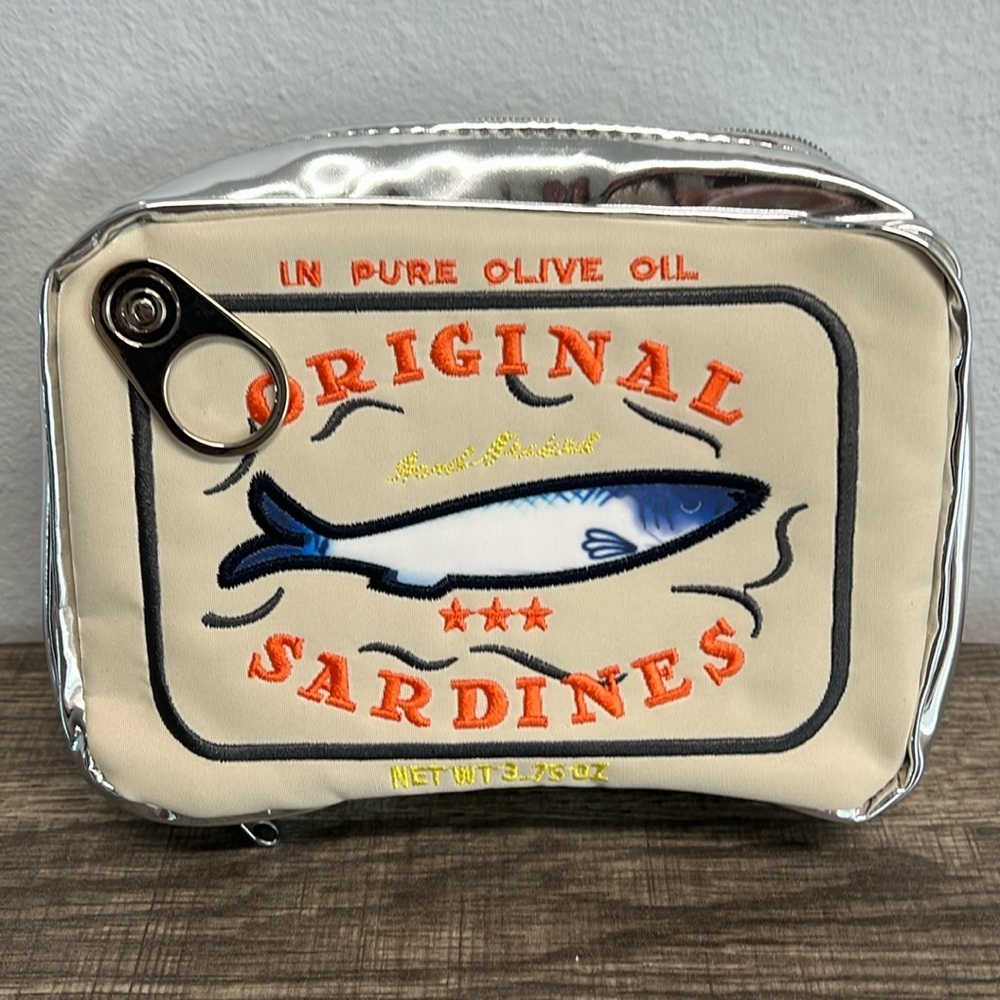 Tan Embroidered Sardine Can Cosmetic Bag 🧡🐟